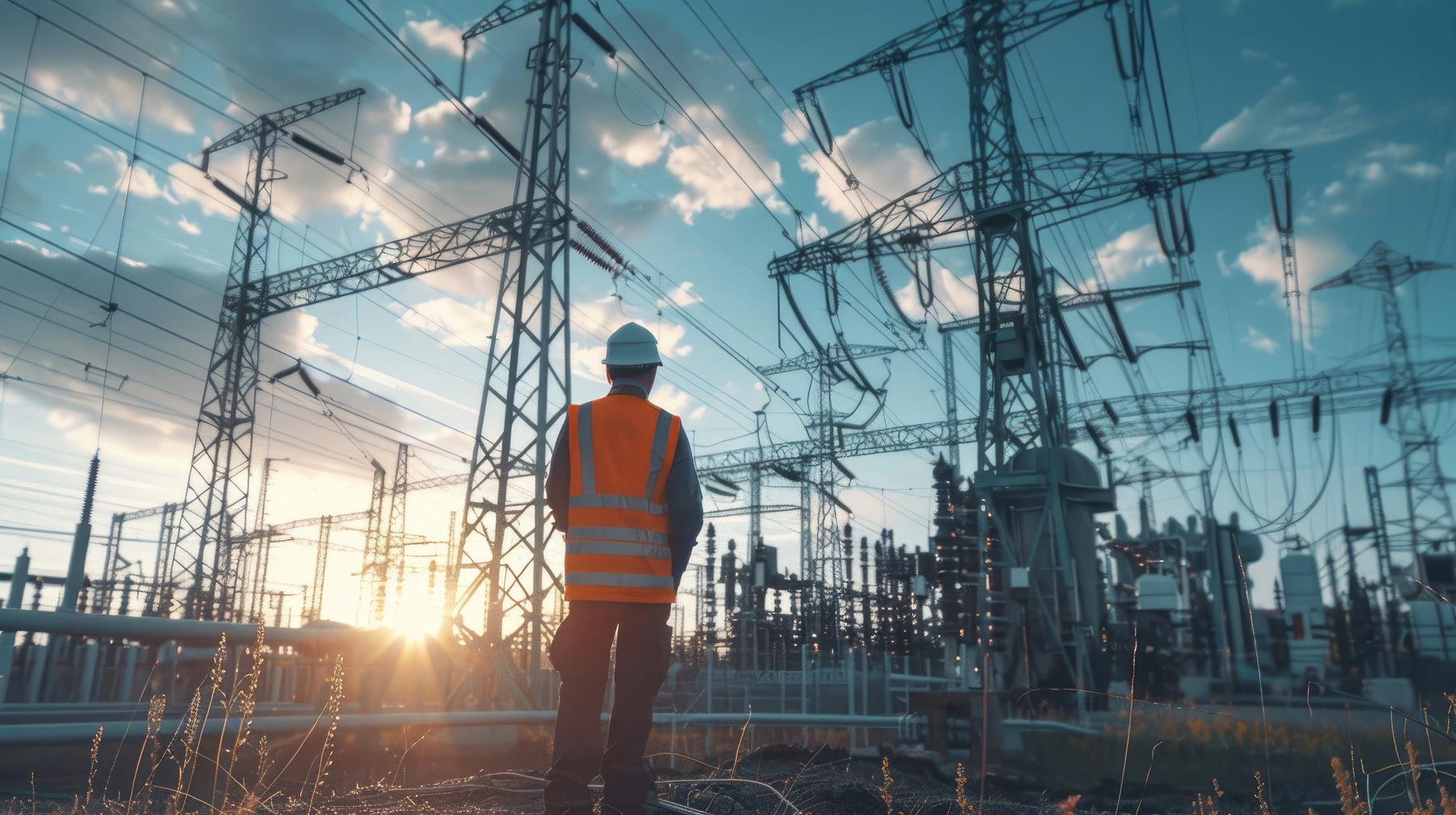 Técnico de Resistia en una subestación eléctrica al atardecer